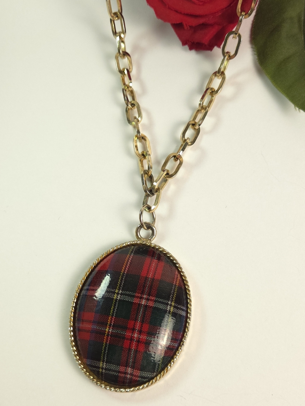 Vintage Gold Tone Chain & Red Flannel Oval Pendant Necklace marked Germany